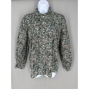 Loft Top Womens Medium Green Abstract Print Ruffle Button Long Sleeve Artsy Boho